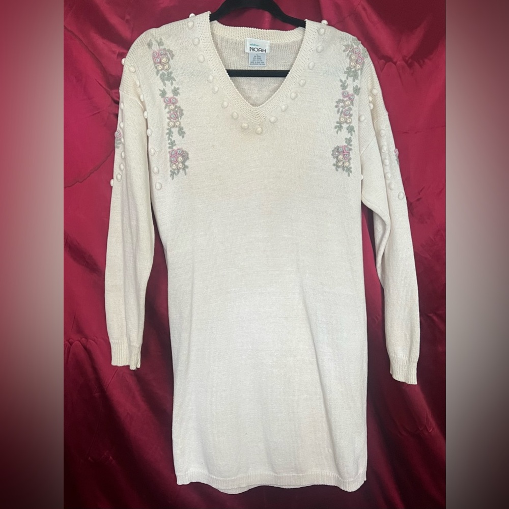 Mister Noah Cream Knit Sweater Dress with Floral Accents